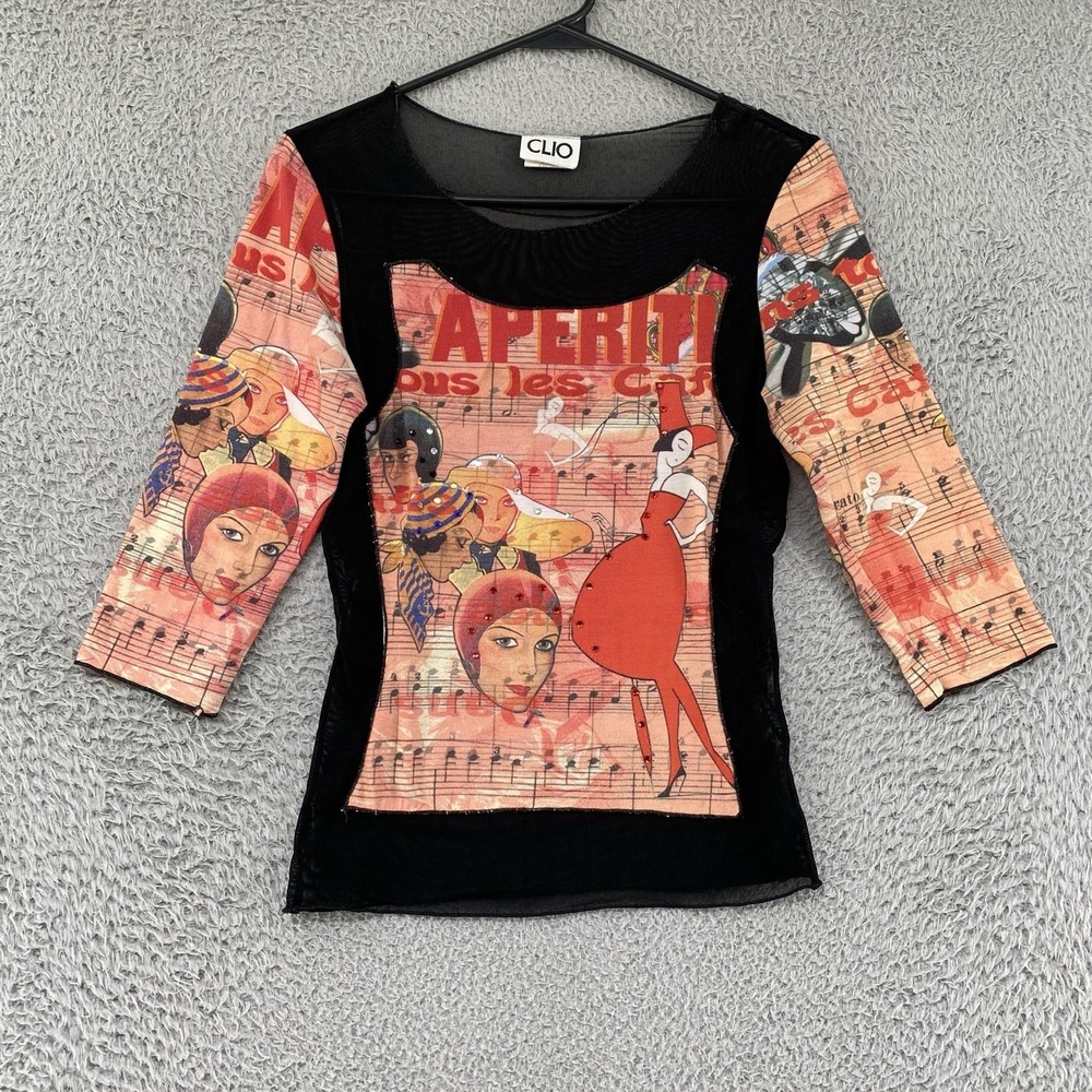 Clio Y2K Mesh Top Womens Small Art Deco Graphic Rhinestone Sheer 3/4 Sleeve 90s